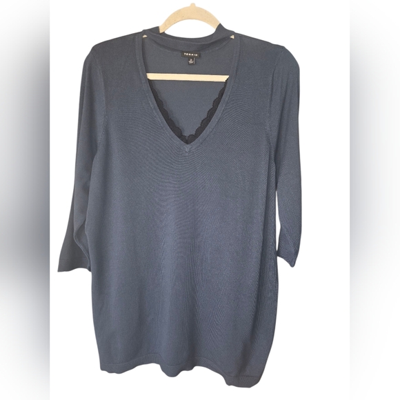 Torrid Deep Teal Size 2 V Neck Choker Sweater Lace Trim 3/4 Sleeve Ribbed Hem - Picture 1 of 7